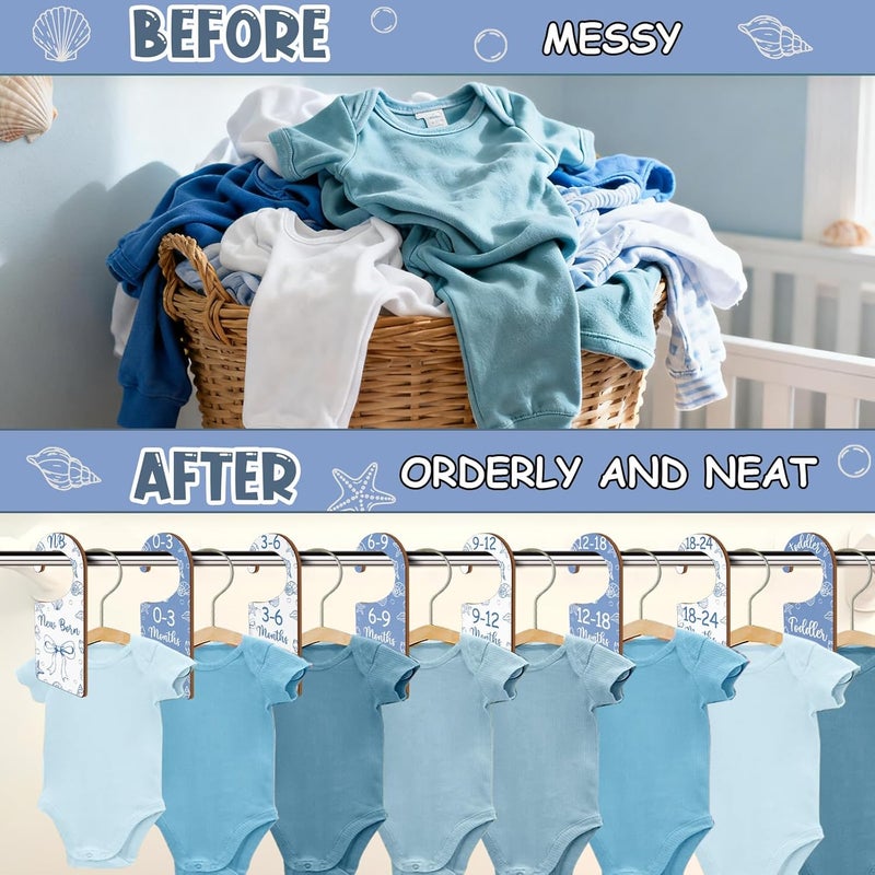 CORNER LACE Baby Closet Dividers 8PCS, Blue Shell & Bows Themed Wooden Double-Sided Clothes Size Hanger/Organizer from Newborn to Toddler for Nursery Decor Baby Shower Birthday Party Gift - Image 3